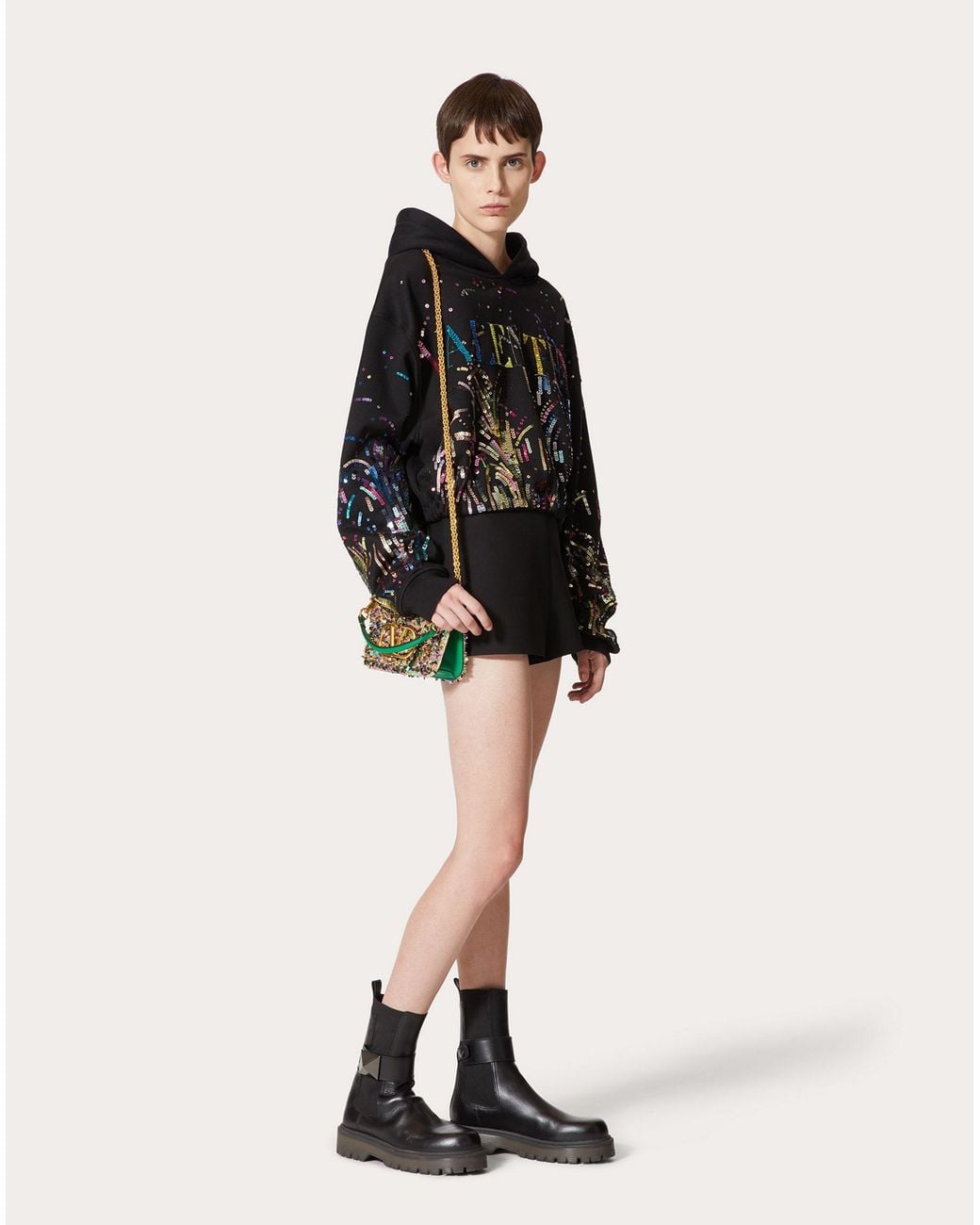 Valentino Black Sequin Logo Cropped Hoodie
