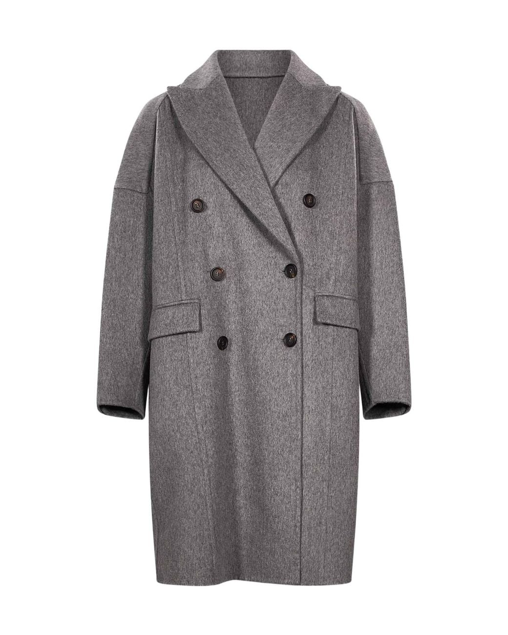 Brunello Cucinelli Gray Double-Breasted Drop-Shoulder Cashmere Coat