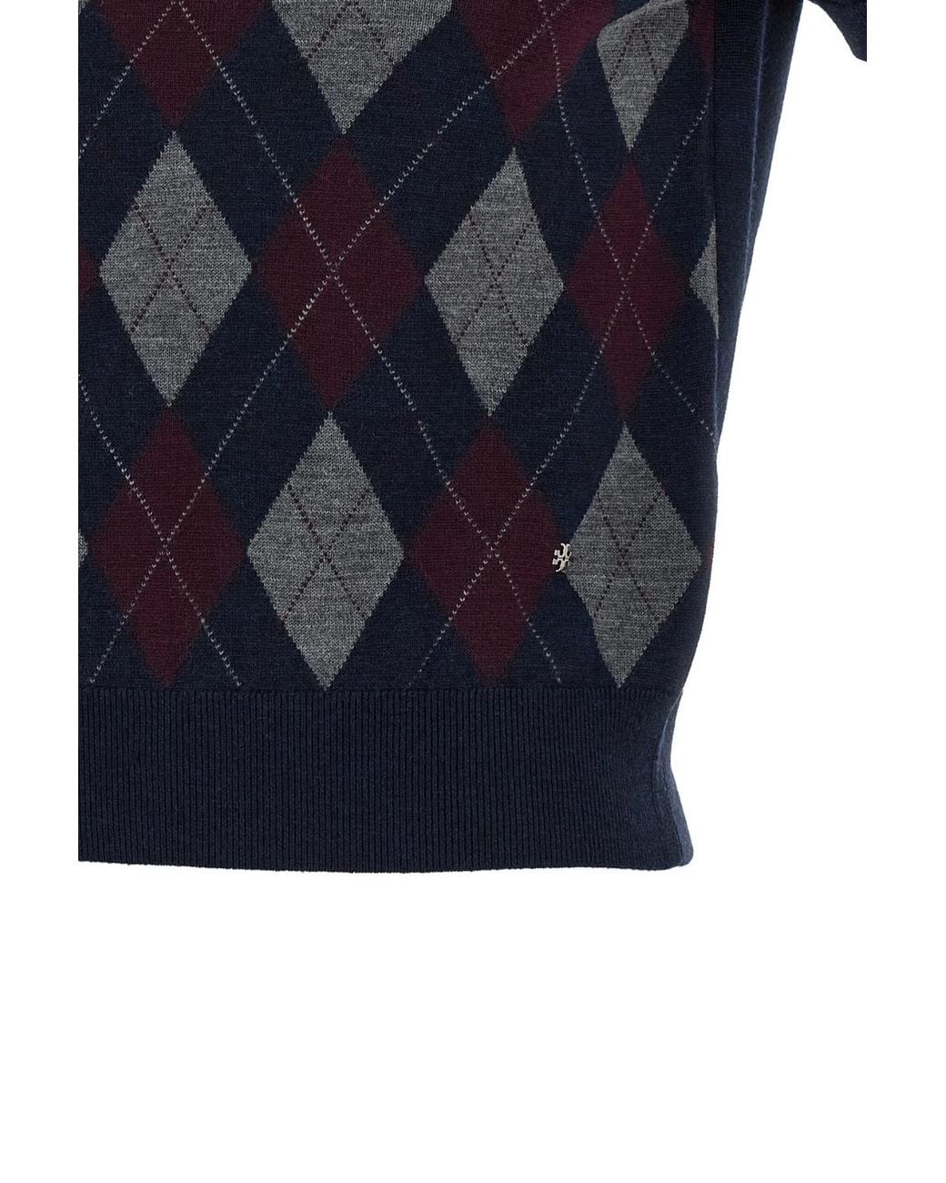 Tory Burch Blue Short-Sleeve Argyle Knitted Sweater