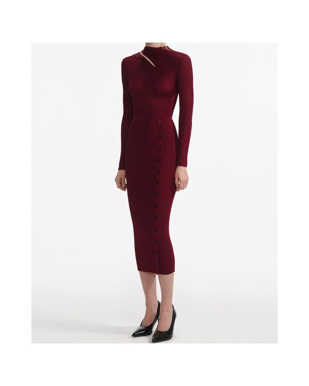 Self-Portrait Red Cut-Out Detailed Knitted Midi Dress