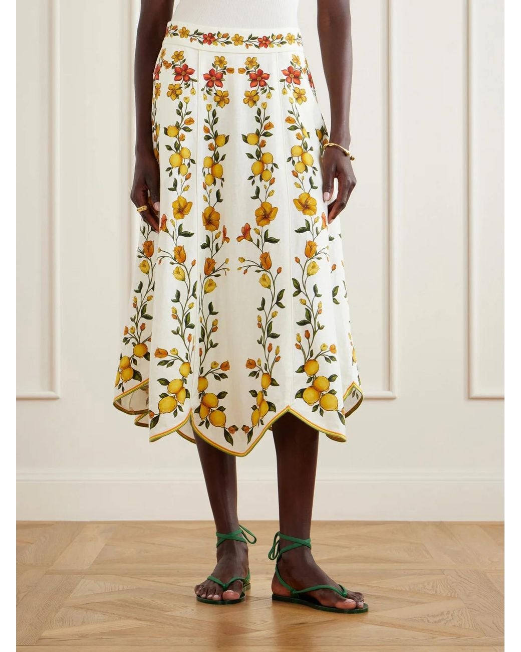 Farm Rio Metallic Lemon Bouquet Pattern Midi Skirt