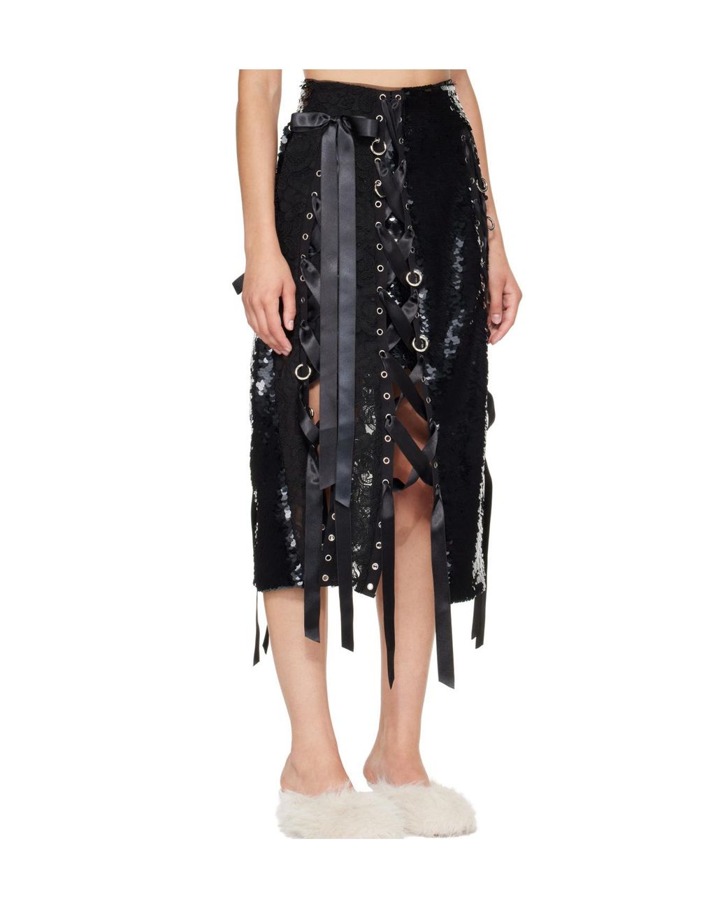 Simone Rocha Black Sequin-Embellished Lace-Patchwork Midi Skirt