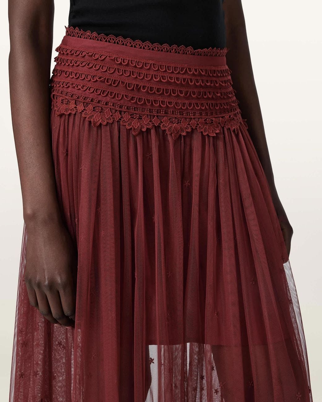 AllSaints Red Trixie Lace Trim Midi Skirt