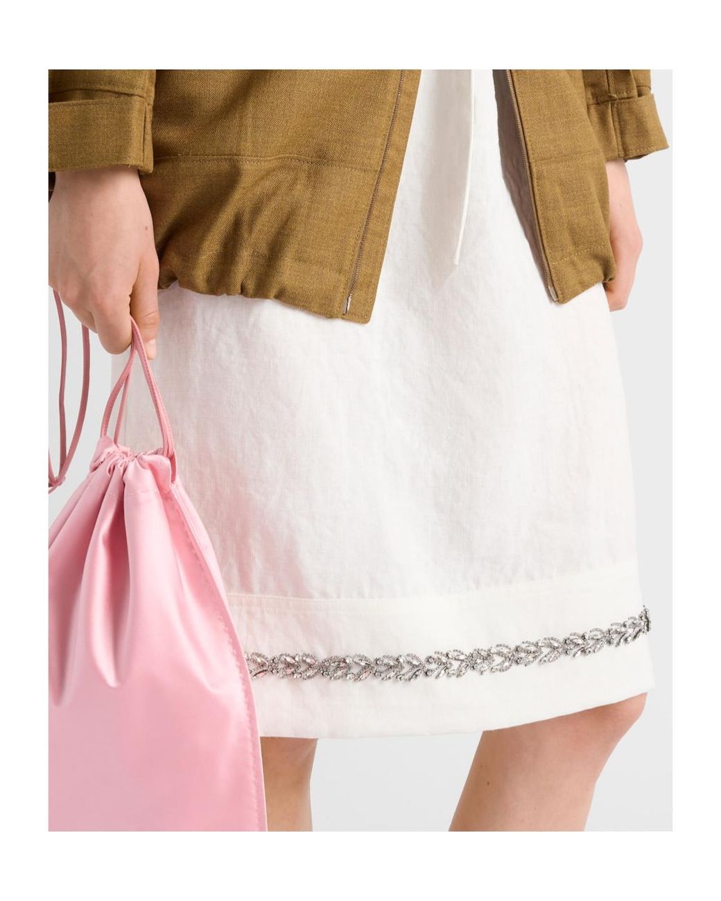 Prada White Embroidered Slubbed Fabric Skirt
