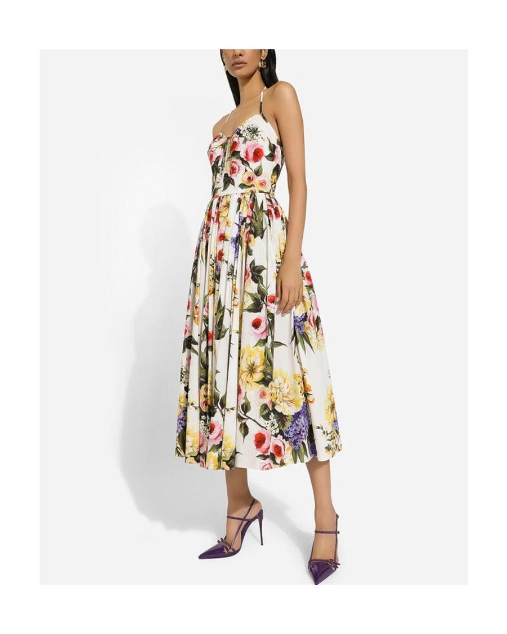 Dolce & Gabbana White Garden Printed Calf-Length Dress