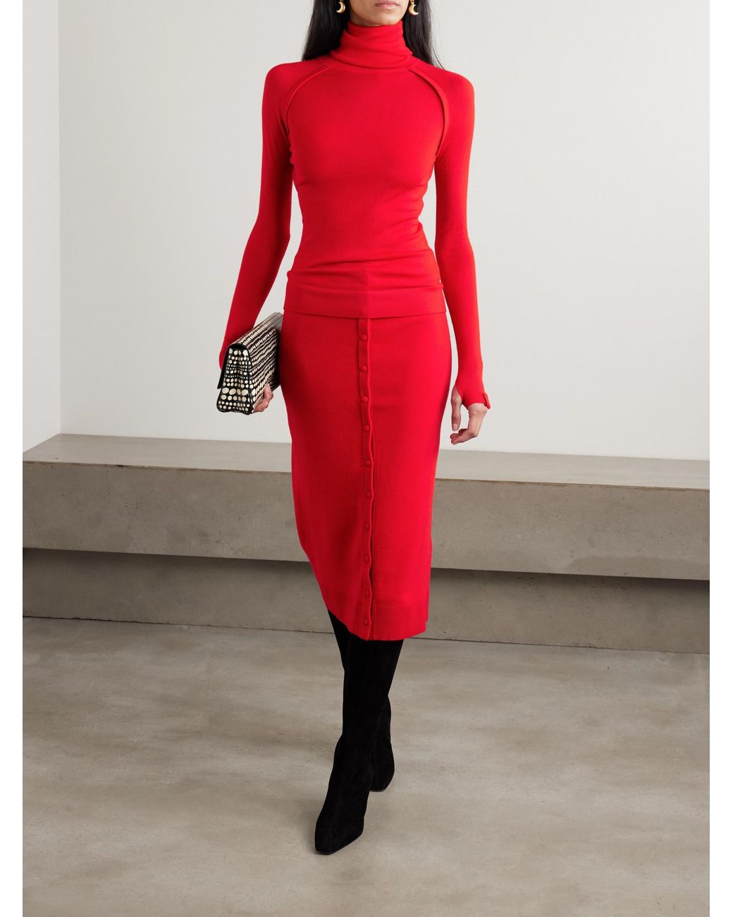Victoria Beckham Red Ribbed Merino Wool-Blend Midi Skirt