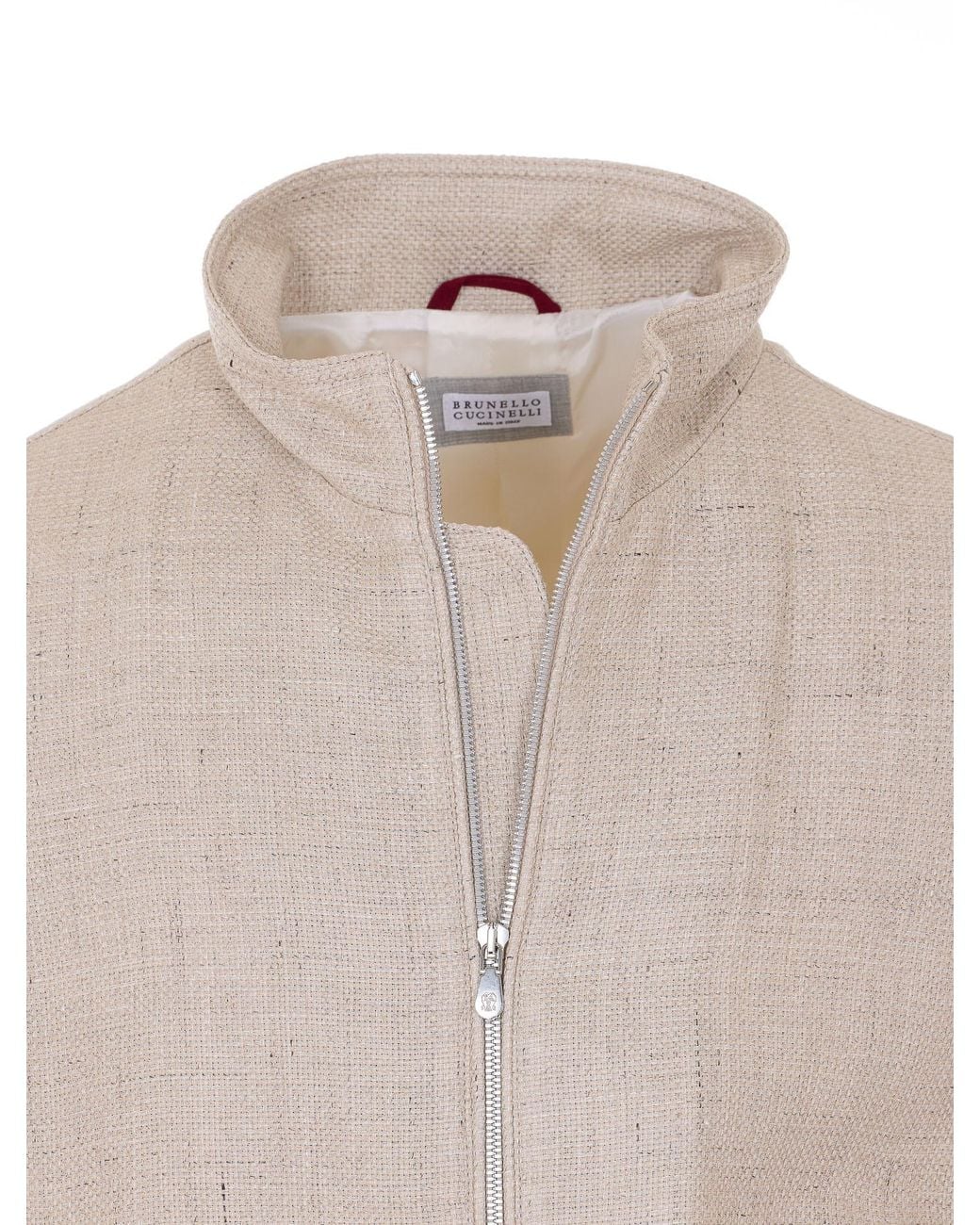 Brunello Cucinelli White Stand Collar Hopsack Outerwear Jacket for men