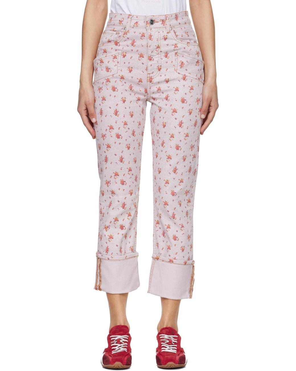 Ganni White Floral Turn-Up Capri Jeans