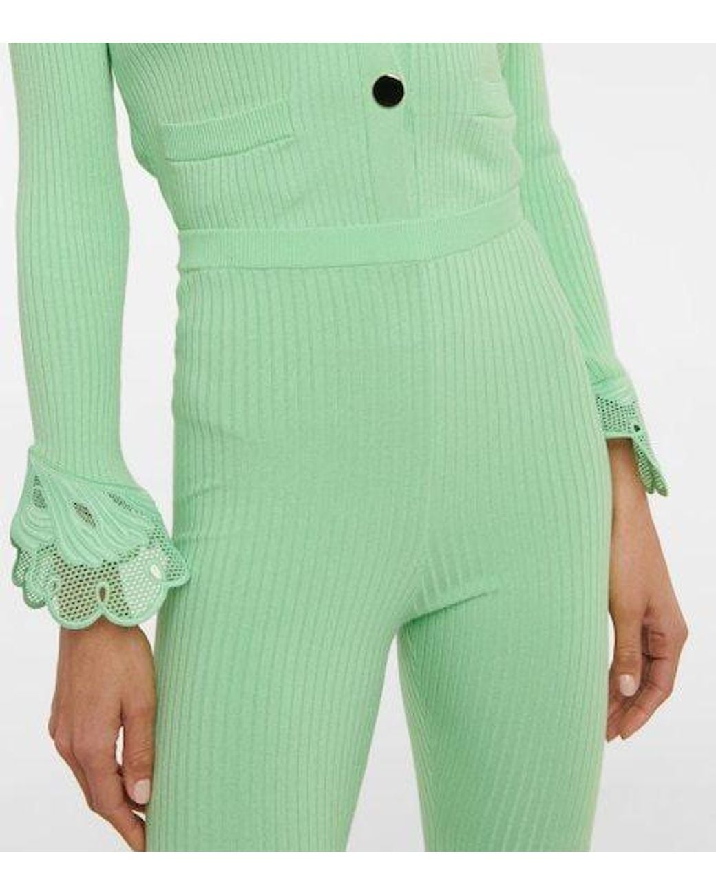 Self-Portrait Green Rib-Knitted High-Rise Flared Pants
