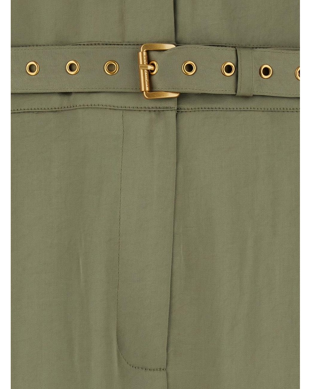 Michael Kors Green Michael Satin Belted Shirt Jumpsuit