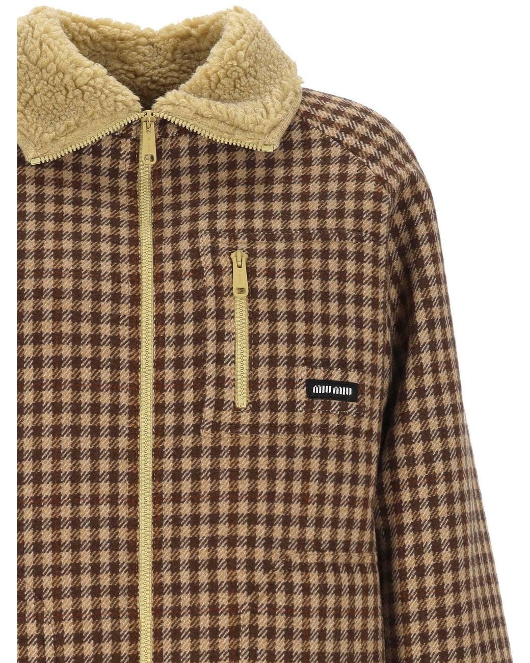 Miu Miu Brown Fleece-Lined Checked Blouson Jacket