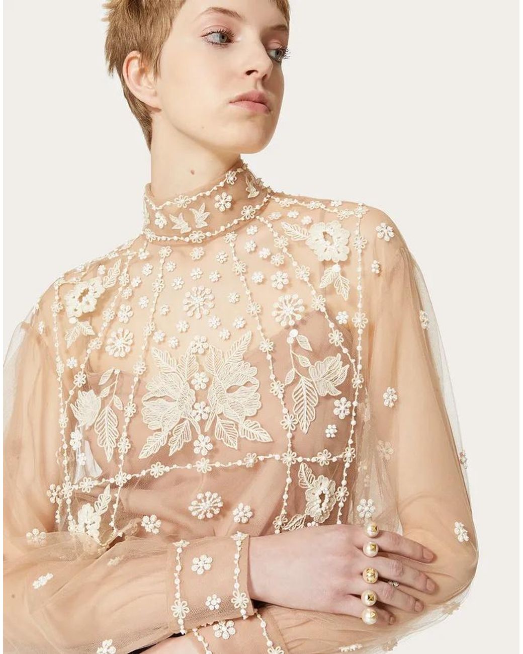 Valentino Natural Tulle Illusione Embroidered Top