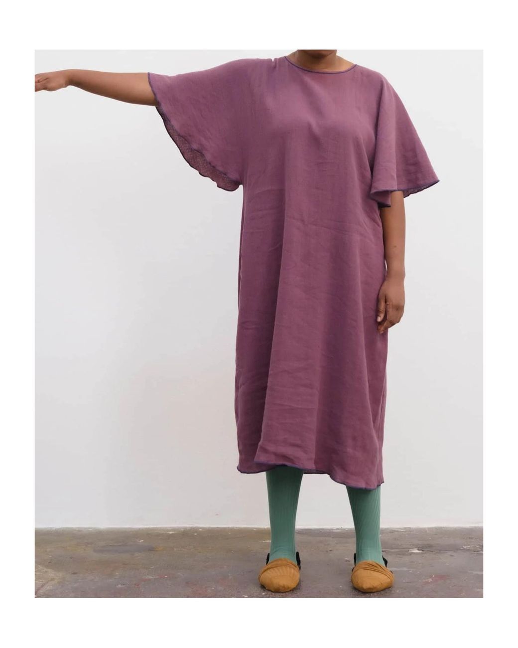Baserange Purple Rene Contrast-Trim Flared-Sleeve Midi Dress