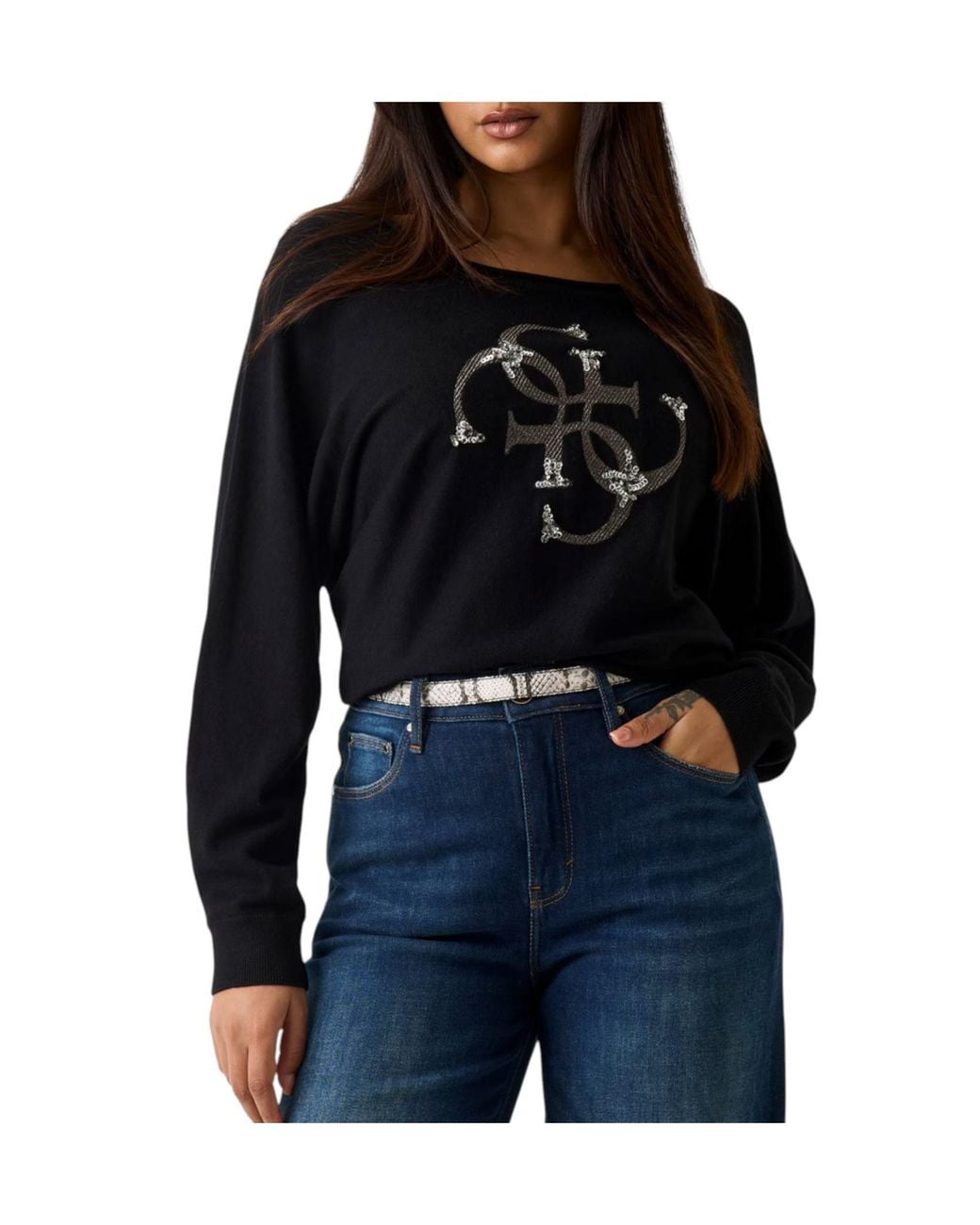 Guess Black Sequin-Embellished Logo-Print Sweater