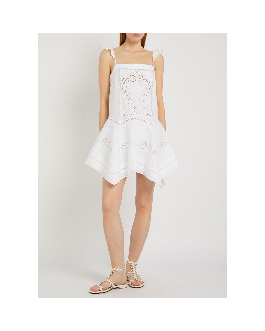 Self-Portrait White Square Neck Ruffle Shoulder Dress