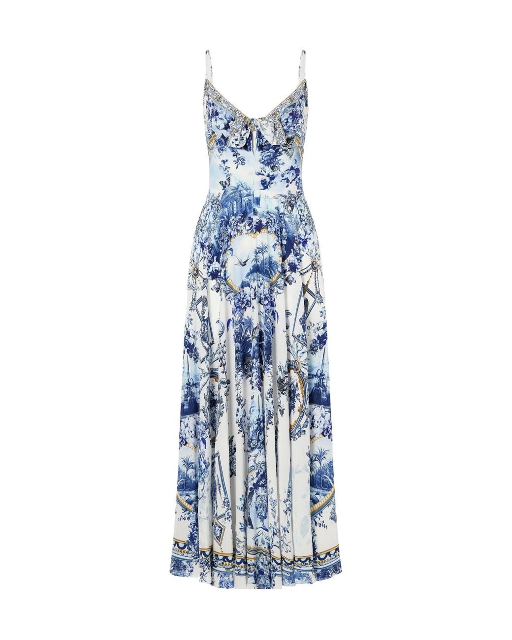 Camilla Blue Porcelain Parlour Tie-Detail Crystal-Embellished Printed Silk Maxi Dress