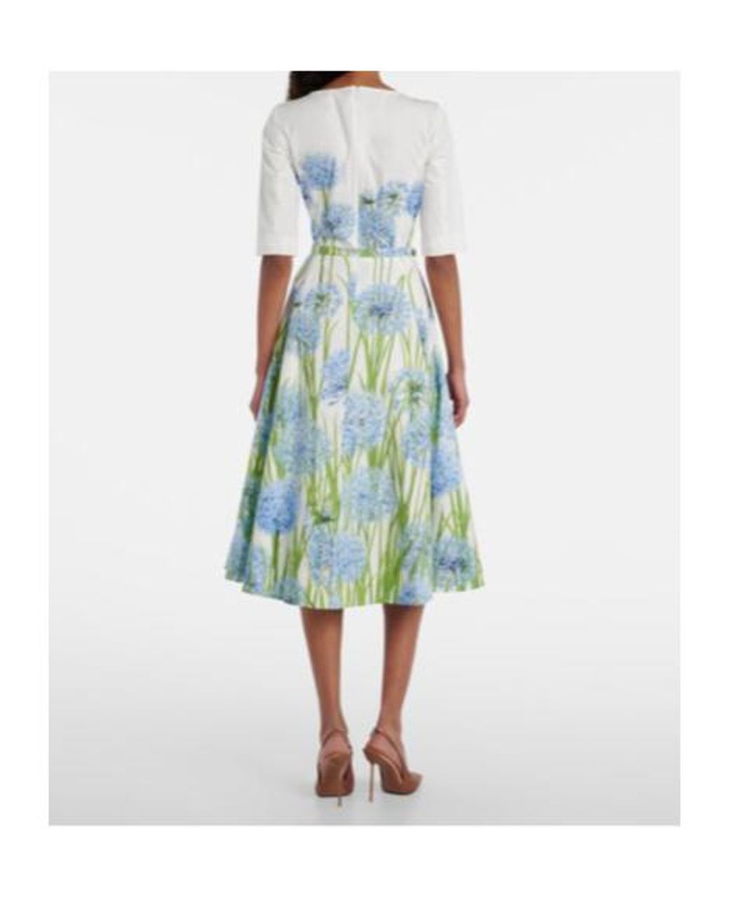 Oscar de la Renta Blue Floral Cotton-Blend Poplin Midi Dress