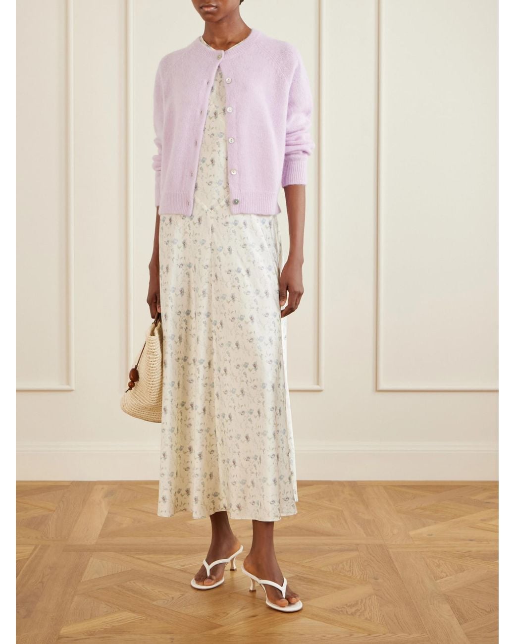 Doen White Floral-Print Silk-Satin Midi Dress
