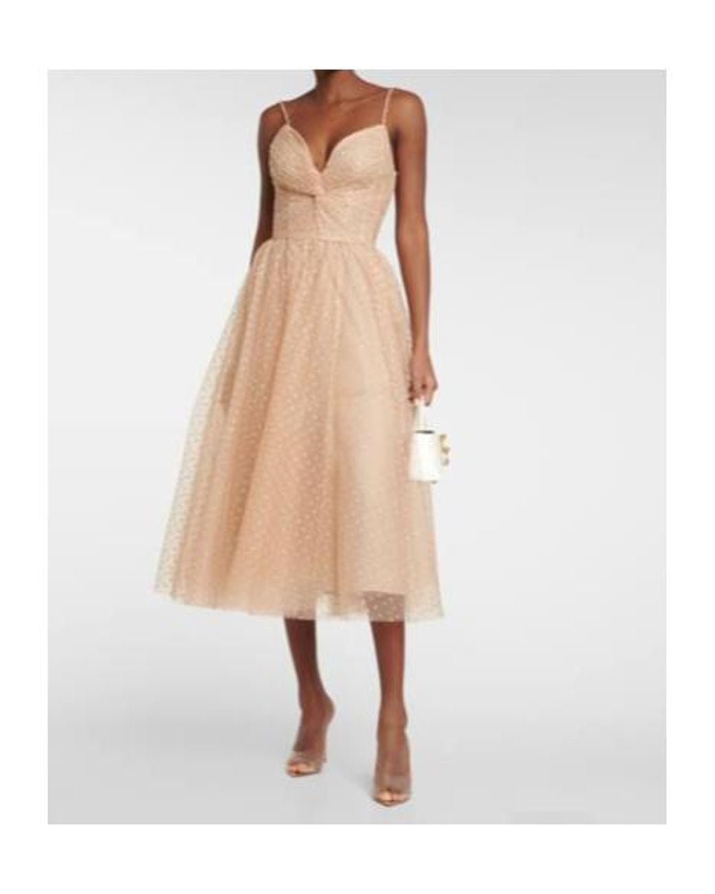 Monique Lhuillier Natural Dotted Tulle Midi Dress