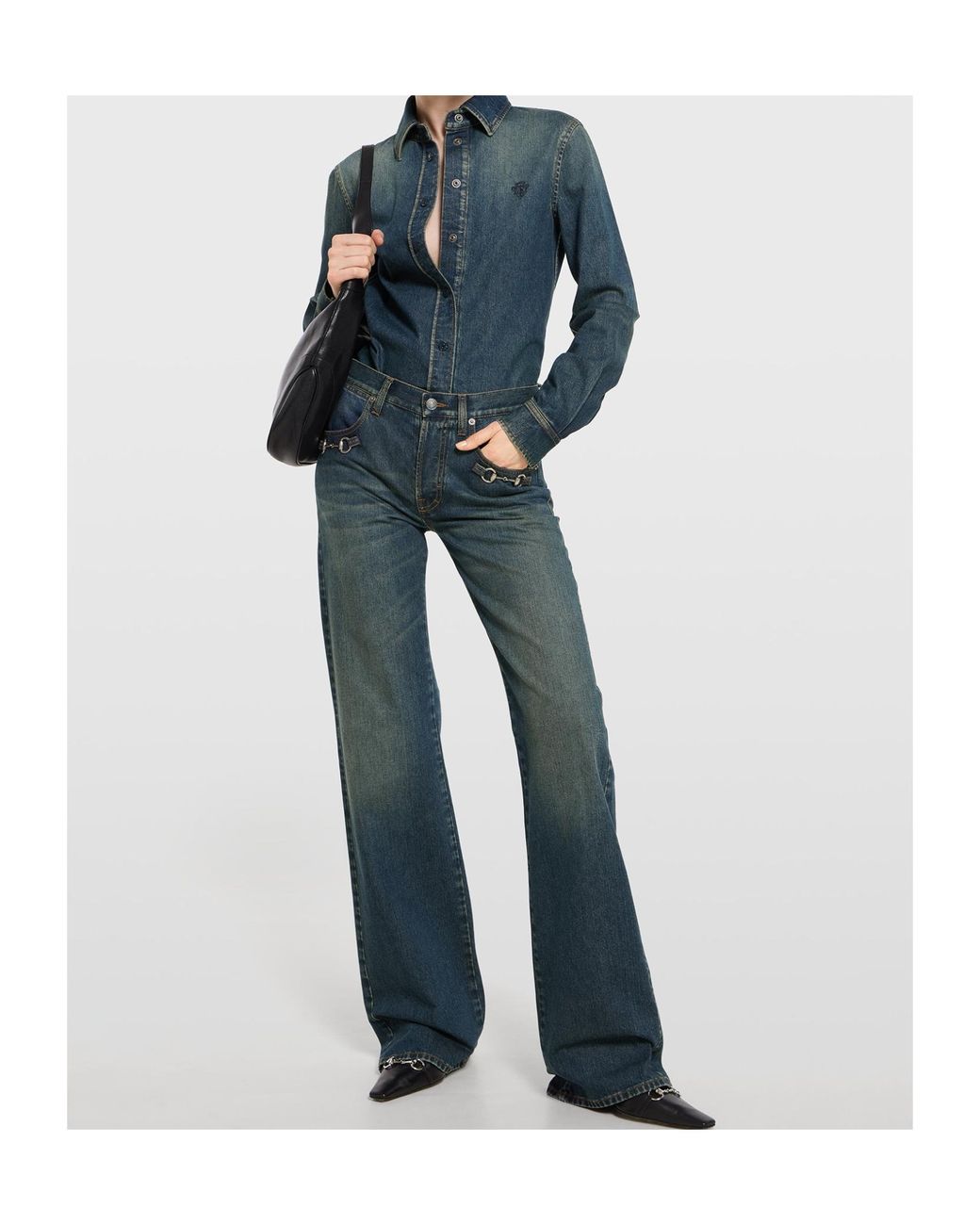 Gucci Blue Embroidery Long-Sleeve Denim Shirt