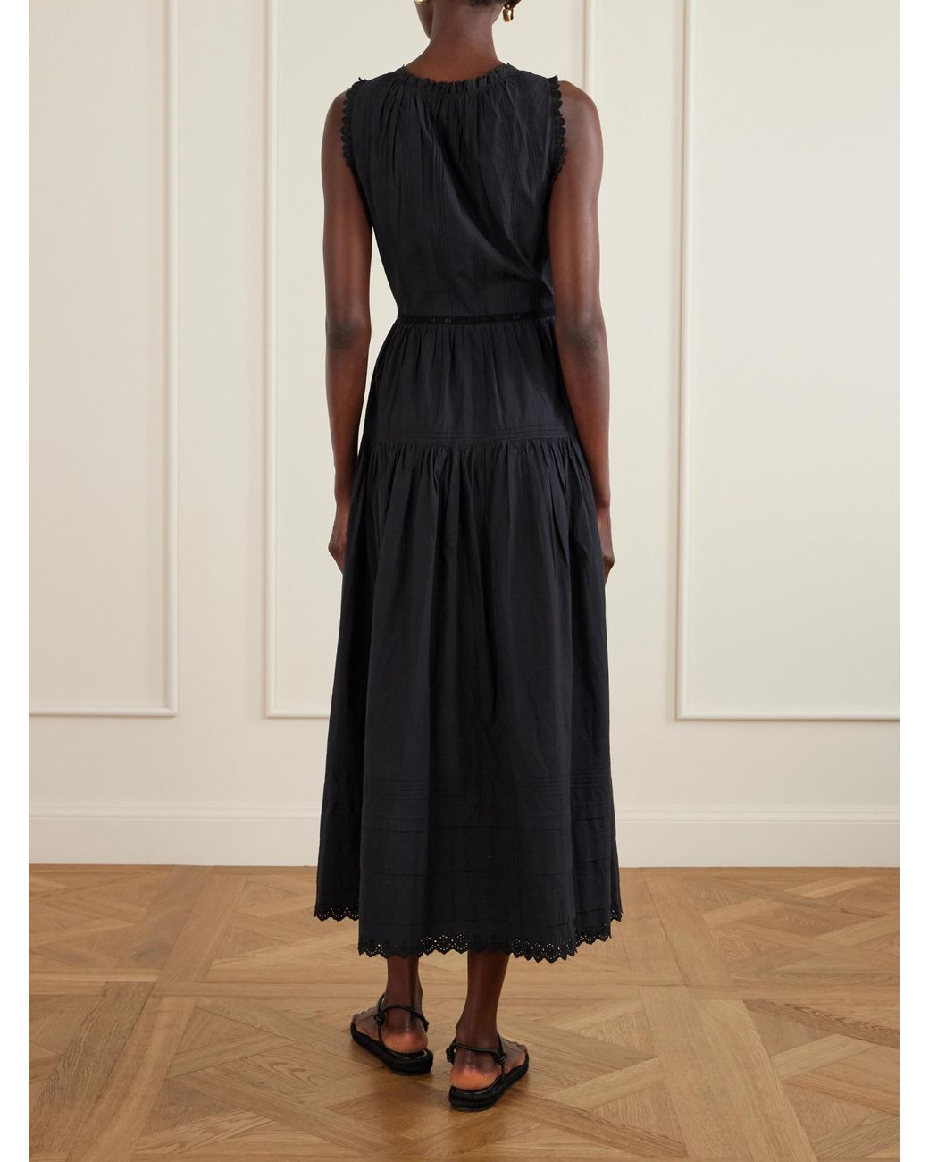 Doen Black Pintucked Embroidered Organic Cotton Midi Dress
