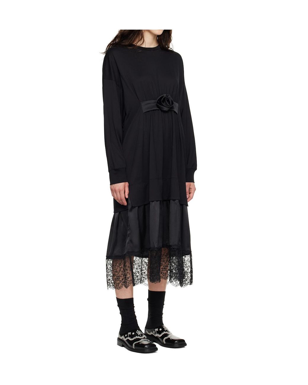 Simone Rocha Black Loose-Fitting Ruffled Rose Lace Dress