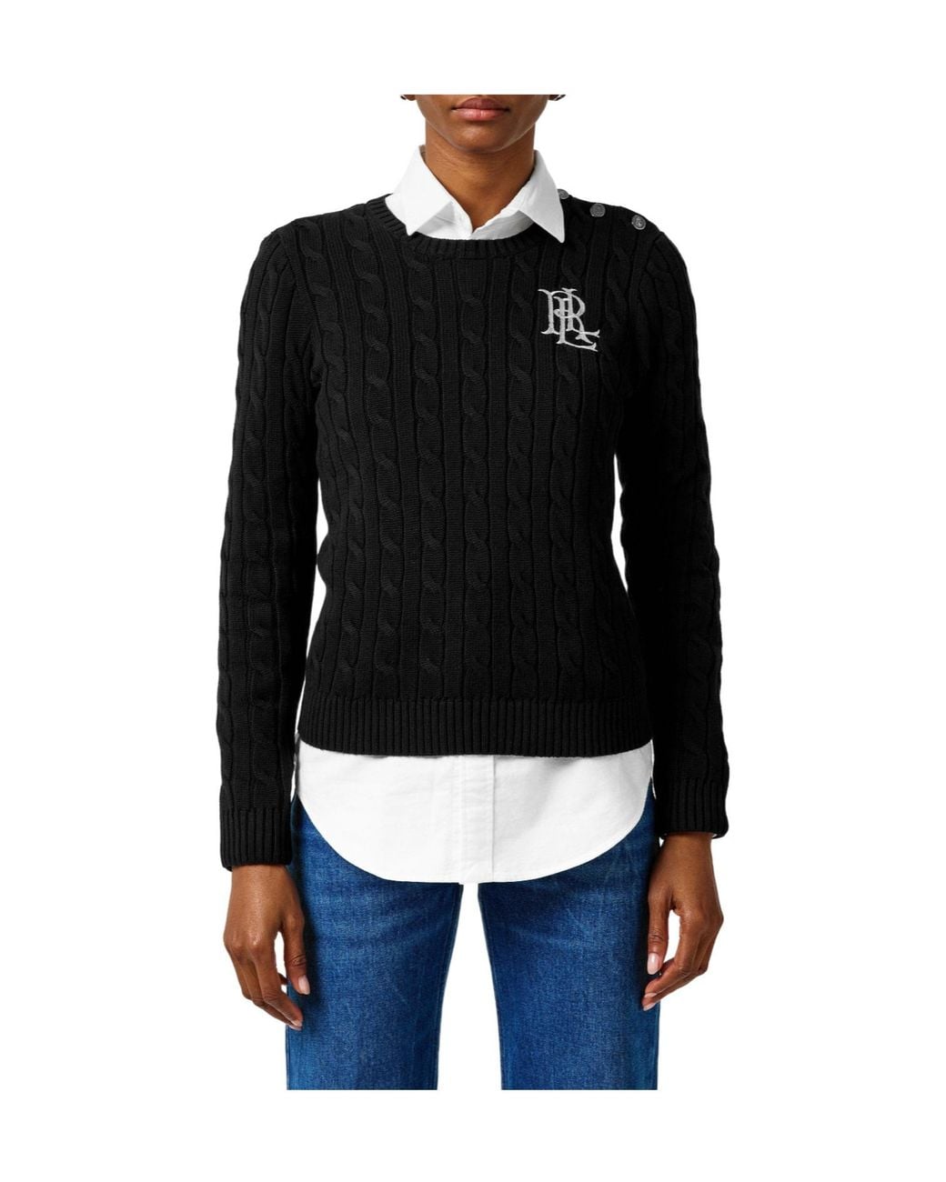 Ralph Lauren Black Button-Trim Cable Knit Jumper