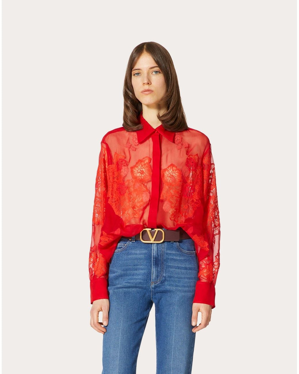Valentino Red Long-Sleeve Lace Shirt