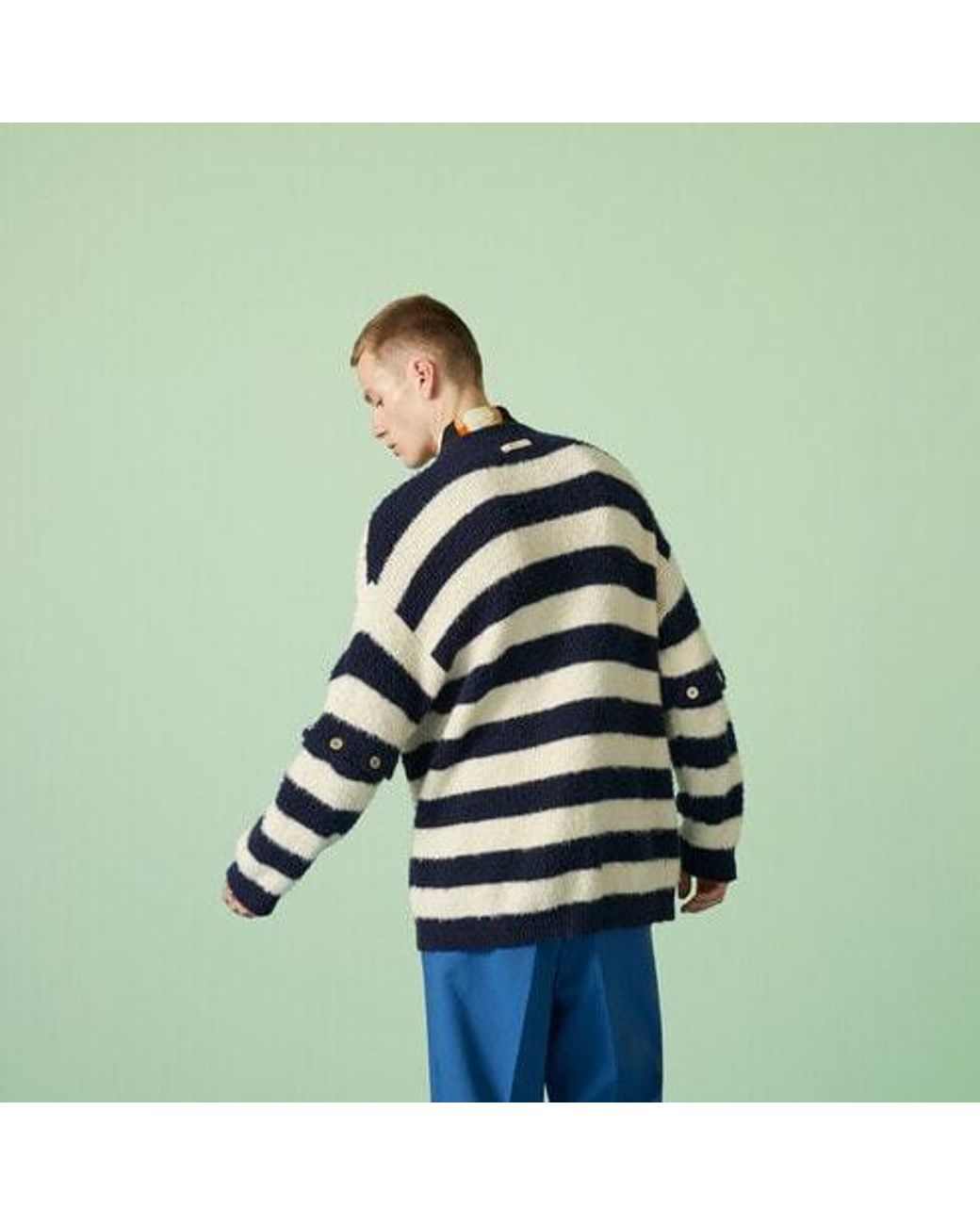 Gucci Blue Striped Crew-Neck Brushed Jumper for men