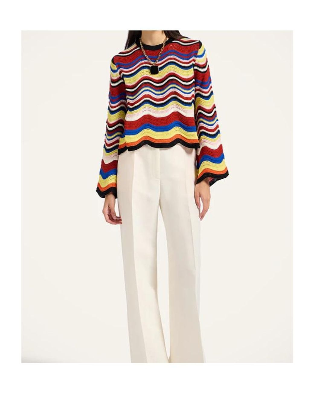 LaDoubleJ Multicolor Wave-Pattern Bell-Sleeve Sweater