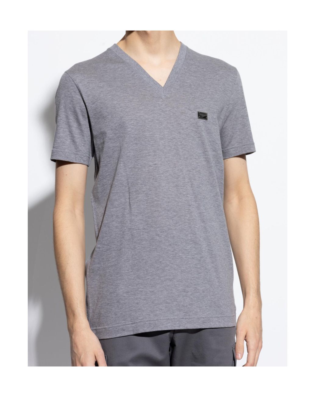 Dolce & Gabbana Gray Logo Plaque V-Neck T-Shirt for men