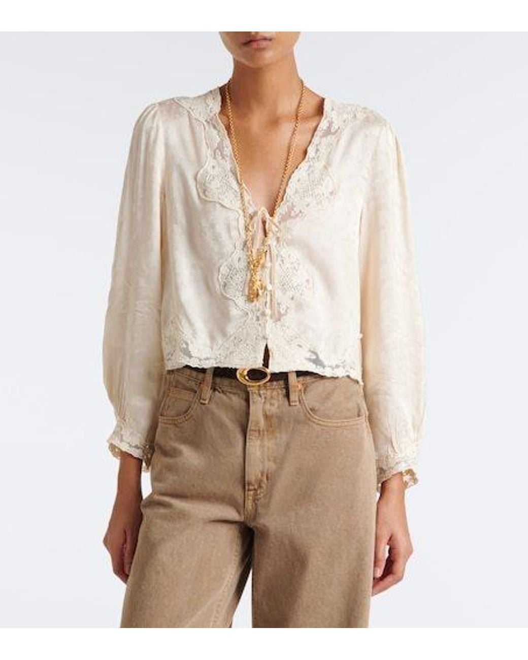 Rixo Natural Embroidered Floral Satin Blouse