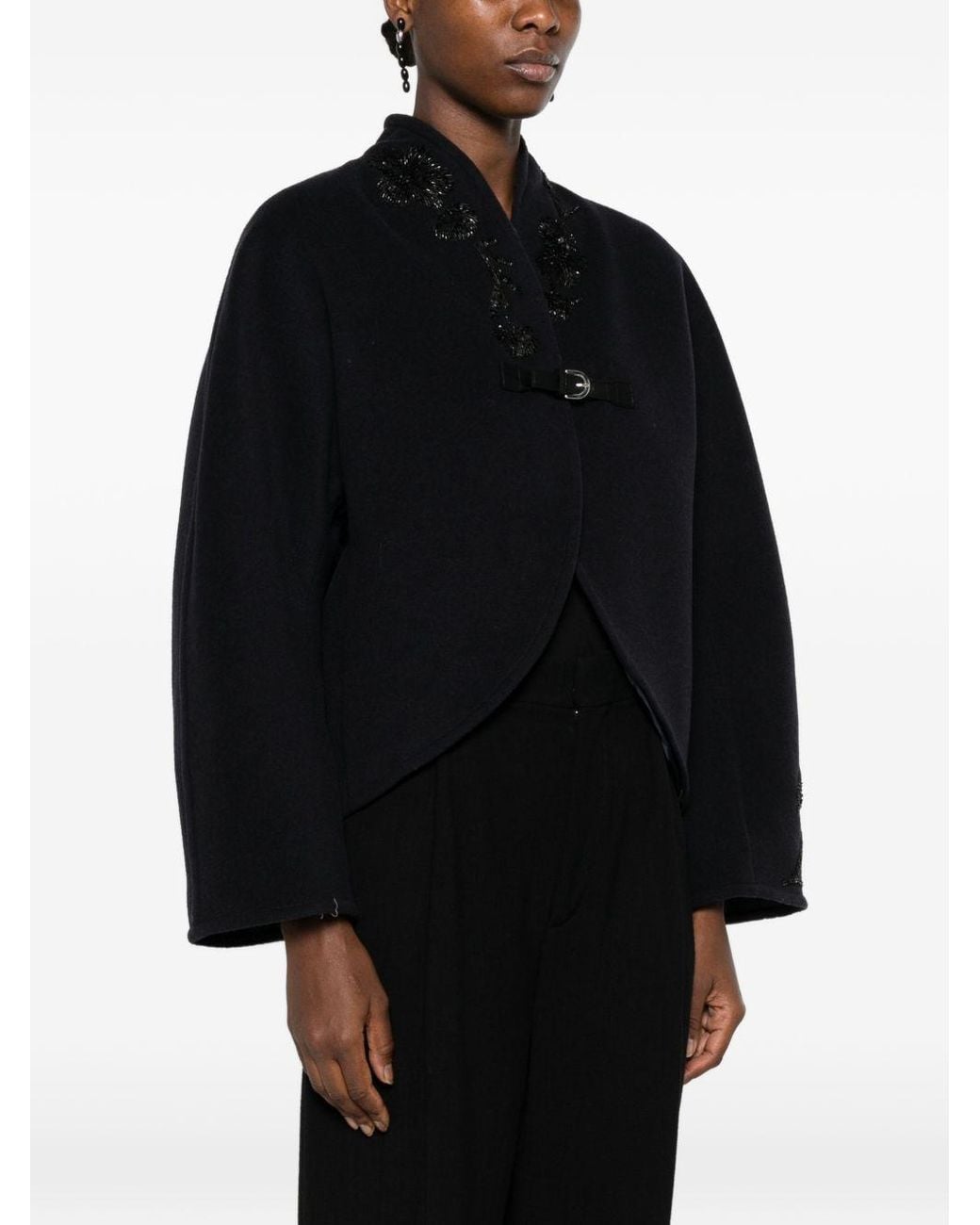 Forte_forte Black Embroidered Buckle-Fastening Coat