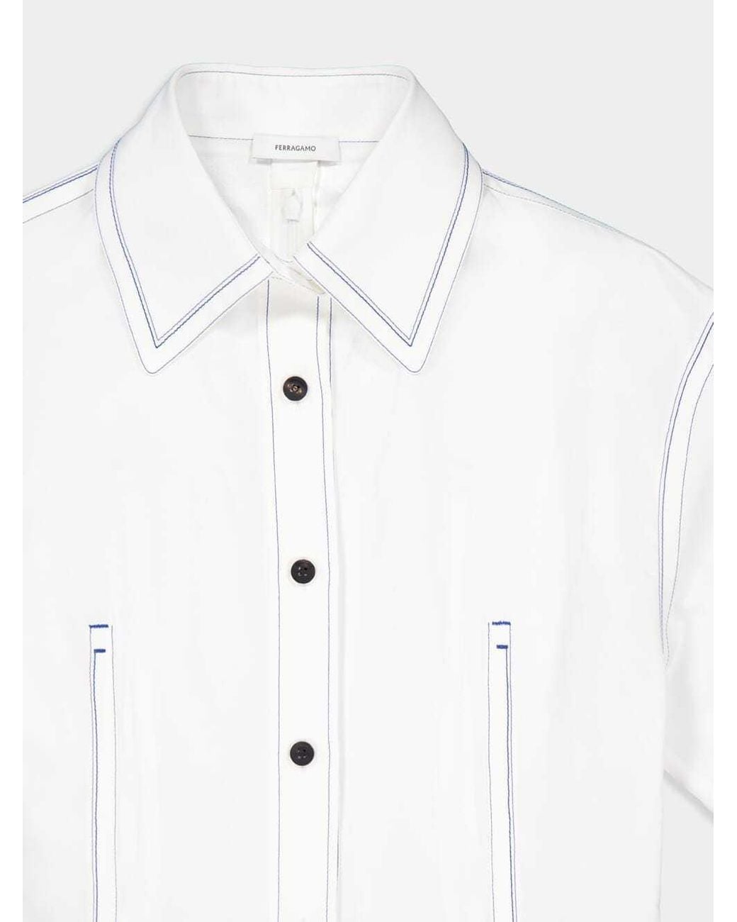 Ferragamo White Satin-Inlay Flared Shirtdress