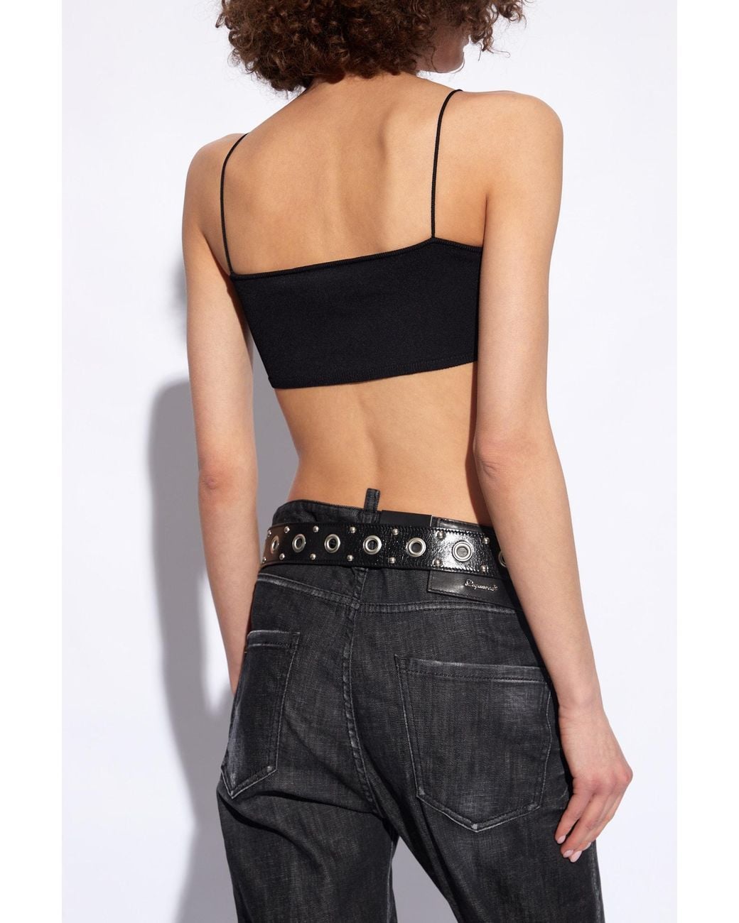 DSquared² Black Fine-Knit Cut-Out Square Neck Cropped Top