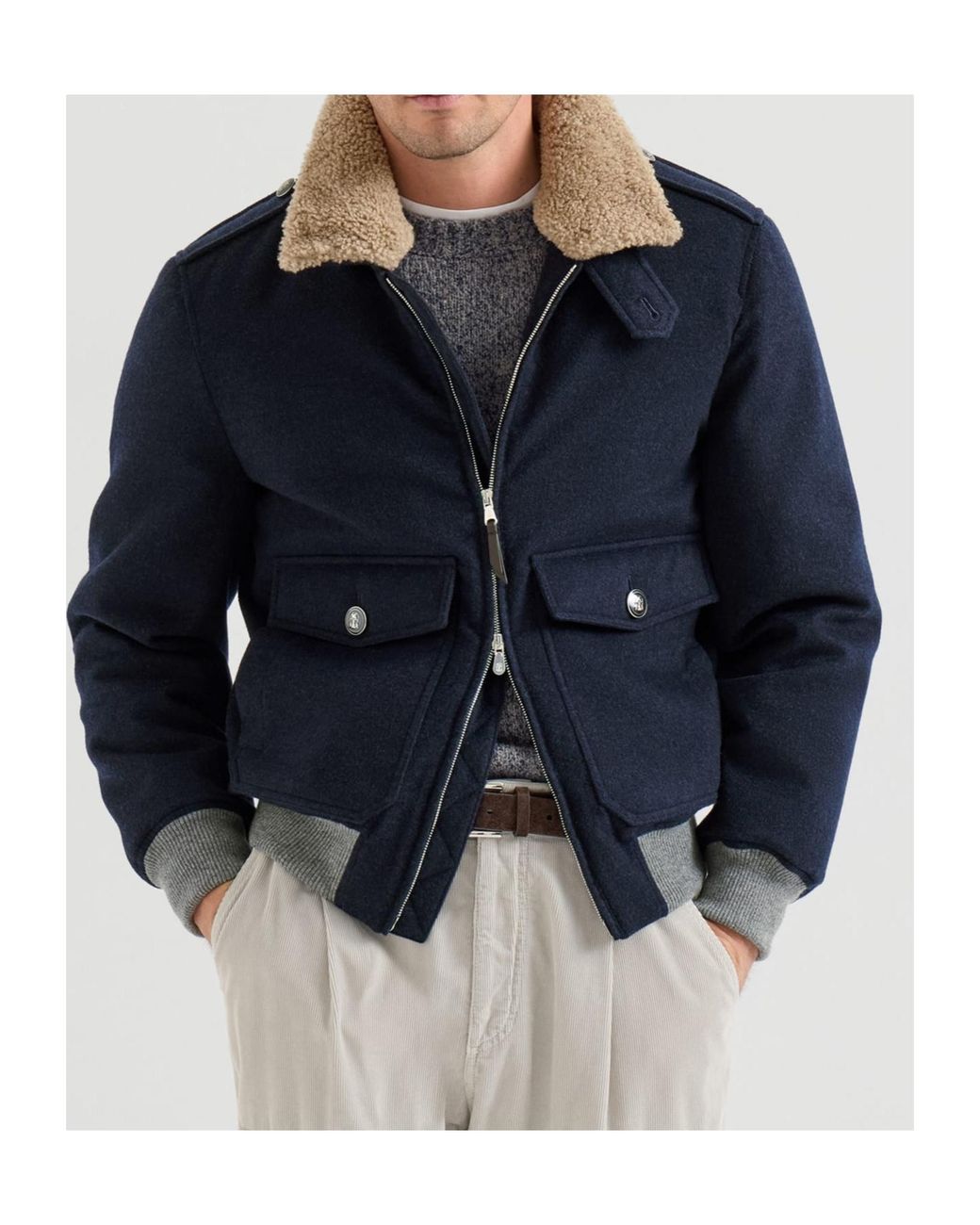 Brunello Cucinelli Blue Bonded Cashmere Beaver Cloth Bomber Jacket With Thermore Padding And Detachable Shearling Collar for men