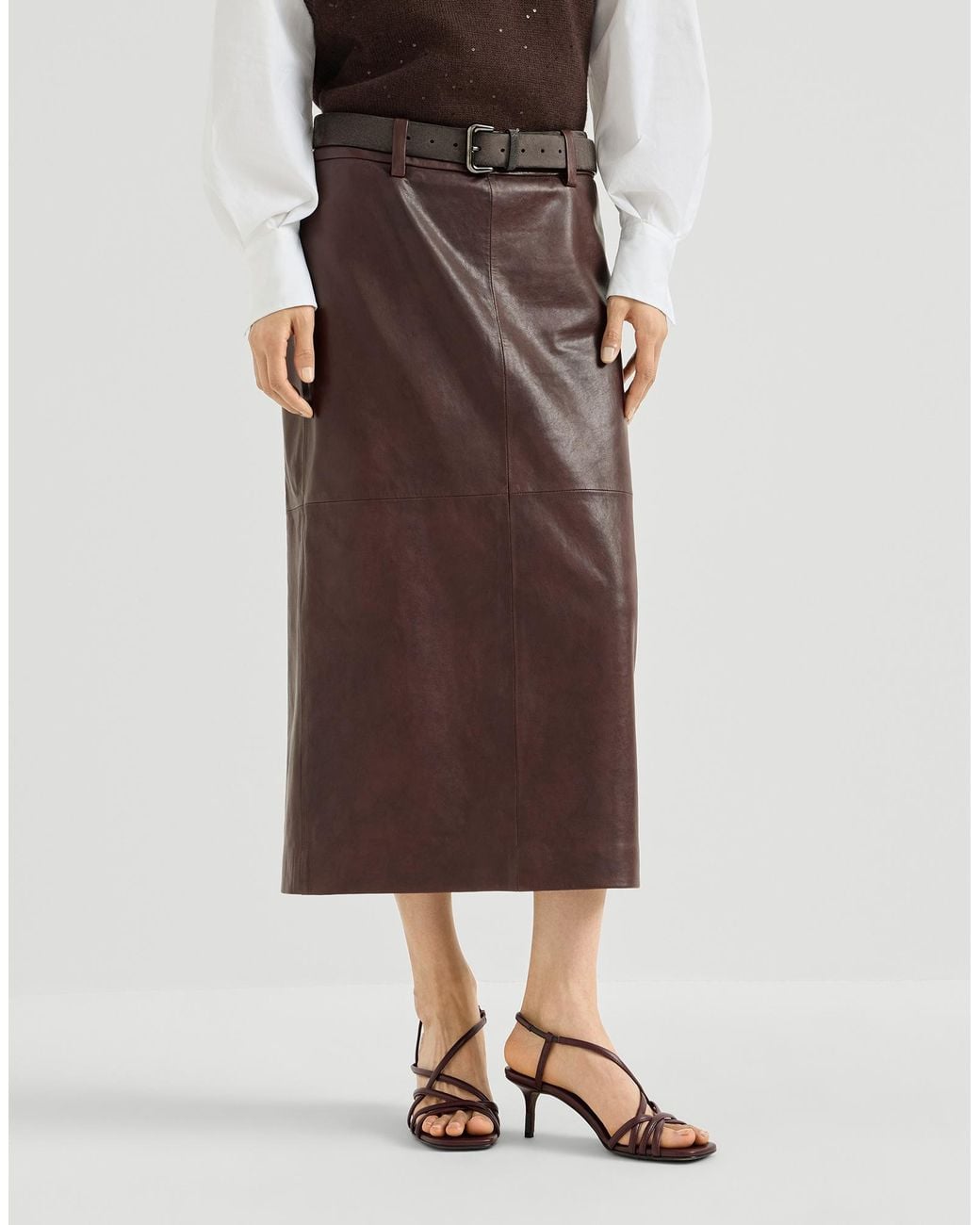 Brunello Cucinelli Brown Polished Nappa Leather Pencil Skirt