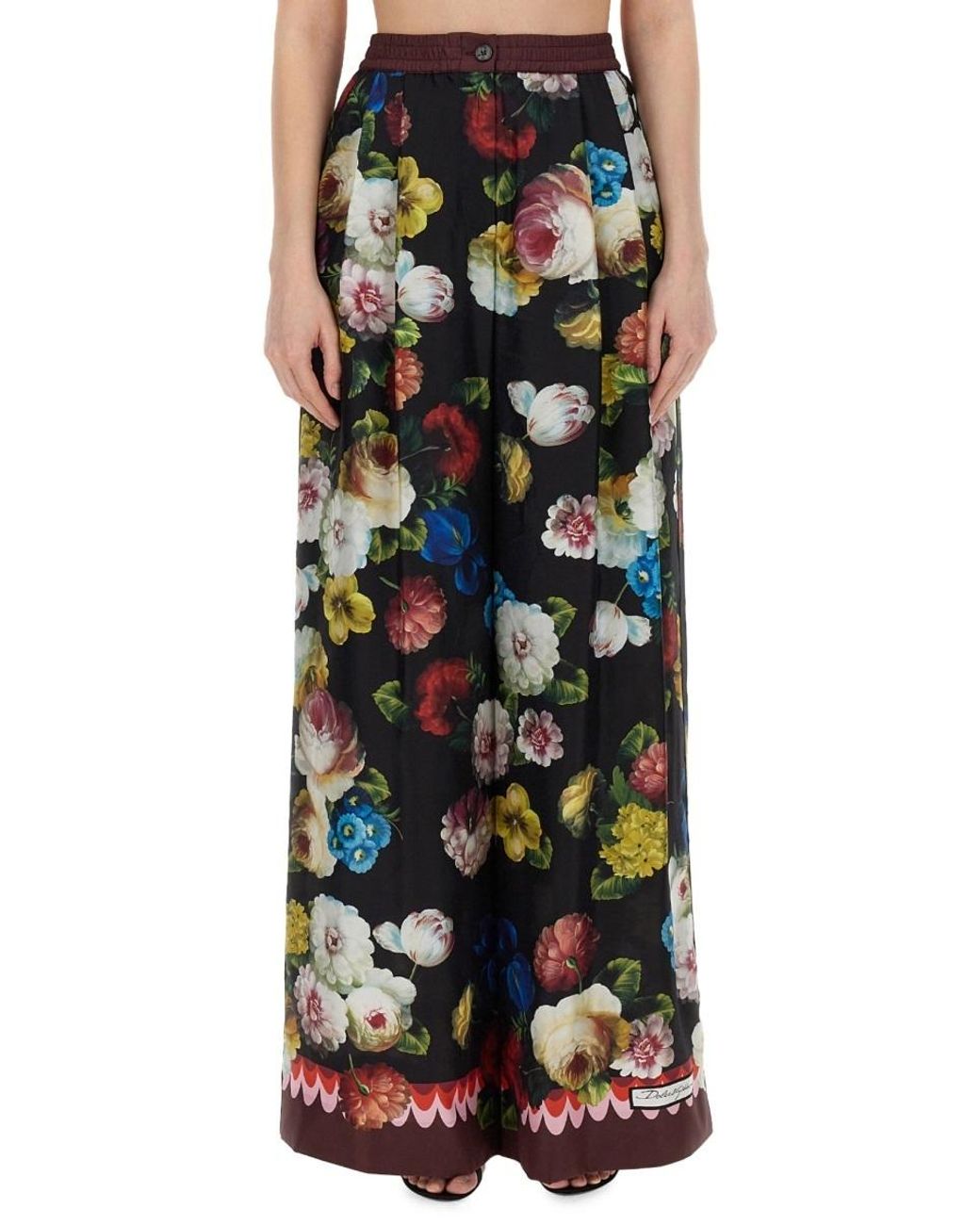 Dolce & Gabbana Black Floral-print Wide-leg Silk-satin Trousers