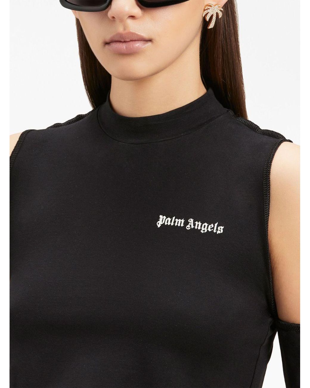Palm Angels Black Logo Embroidered Cut-Out Detailed Top