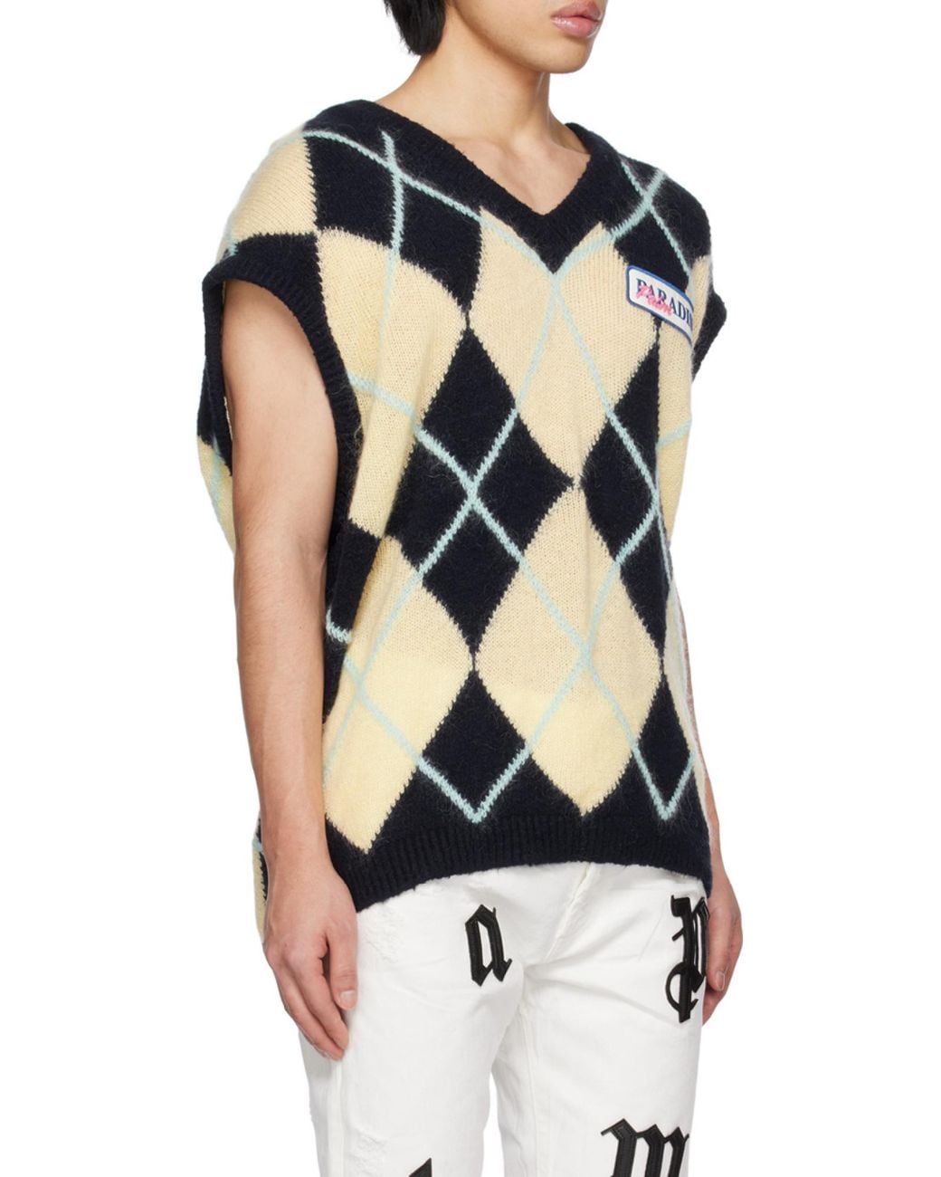 Palm Angels Blue Logo-Patch Argyle Knitted Vest for men