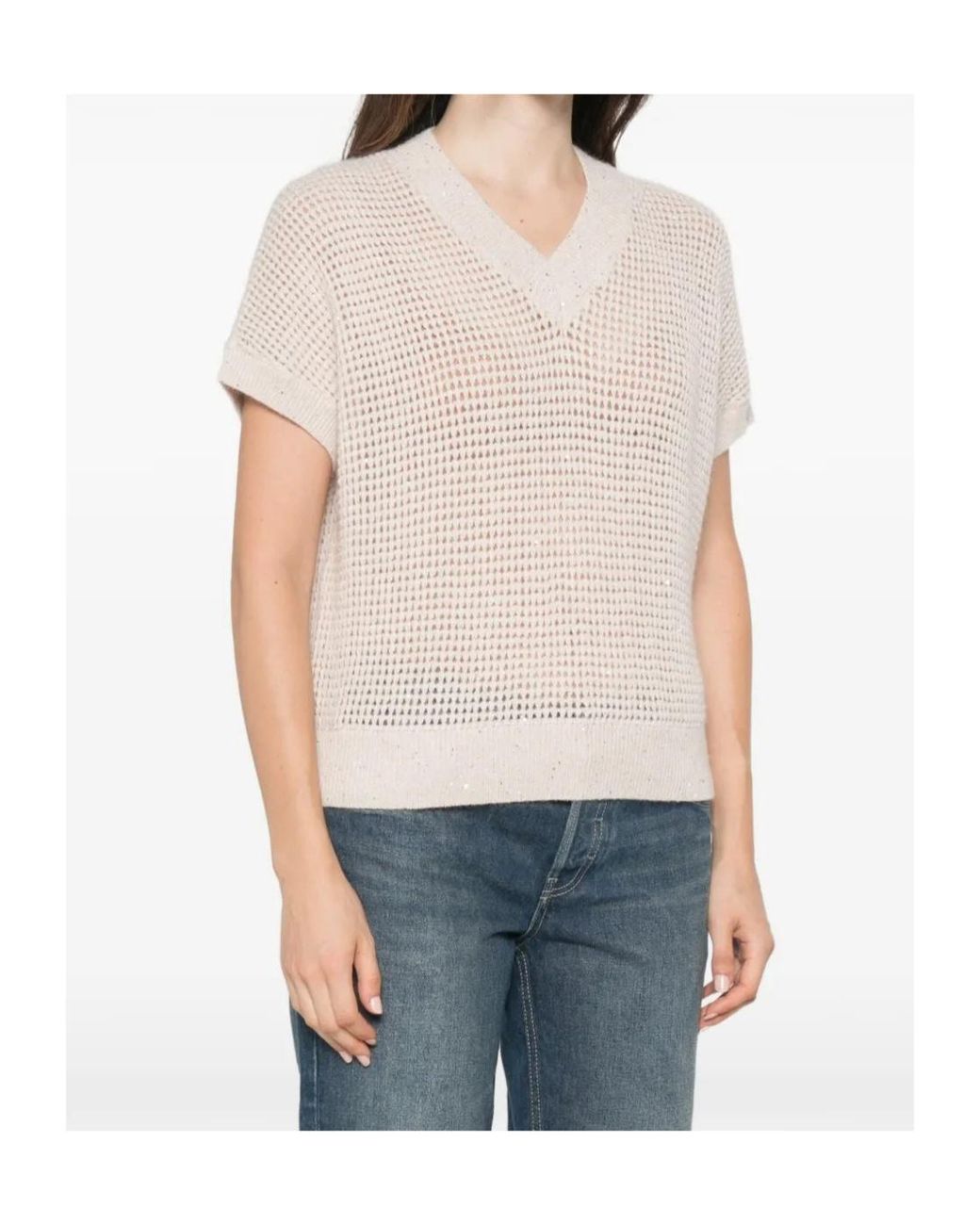 Peserico White Sequin-Embellished Open-Knit Top