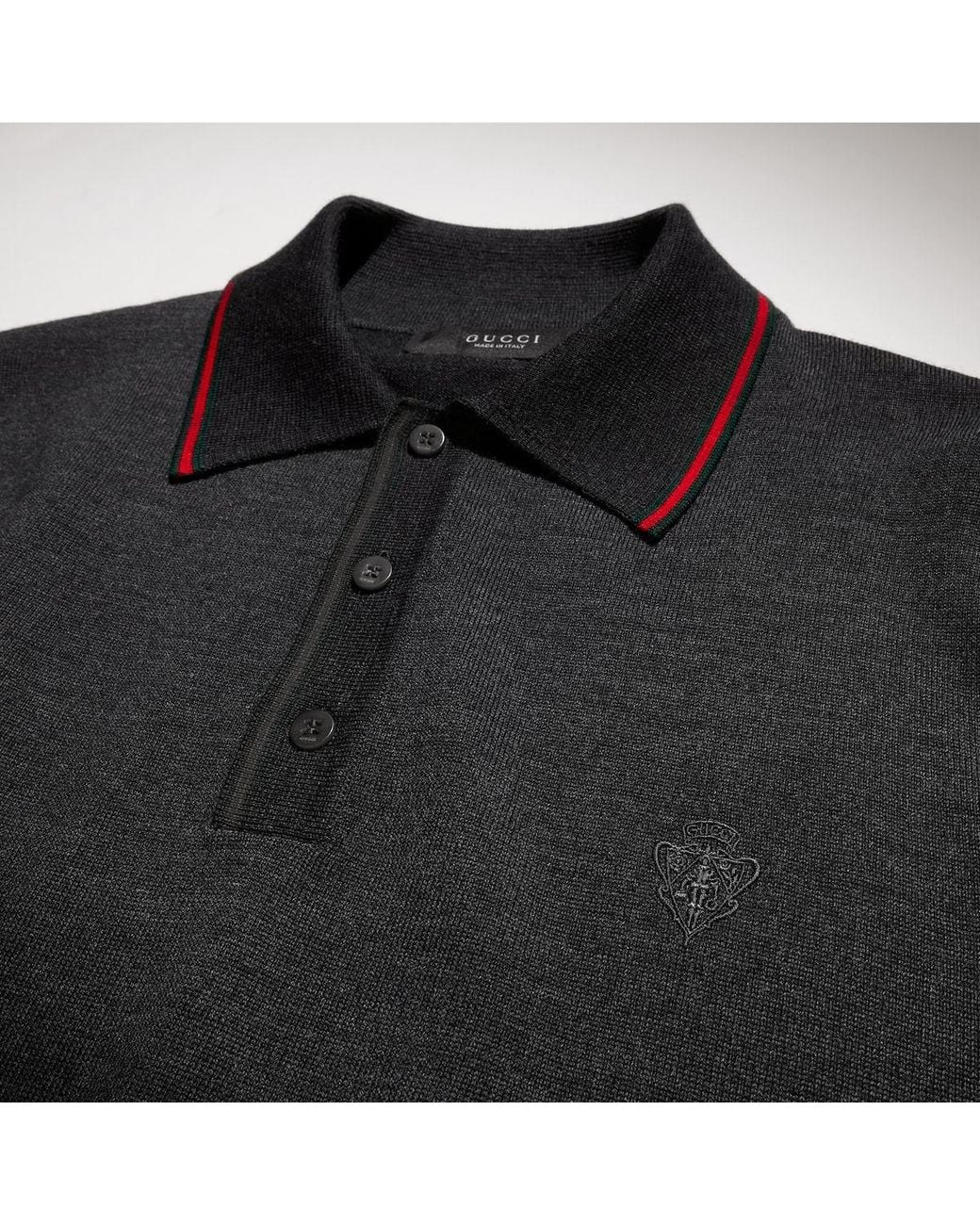 Gucci Black Crest-Embroidered Long-Sleeve Polo Shirt for men