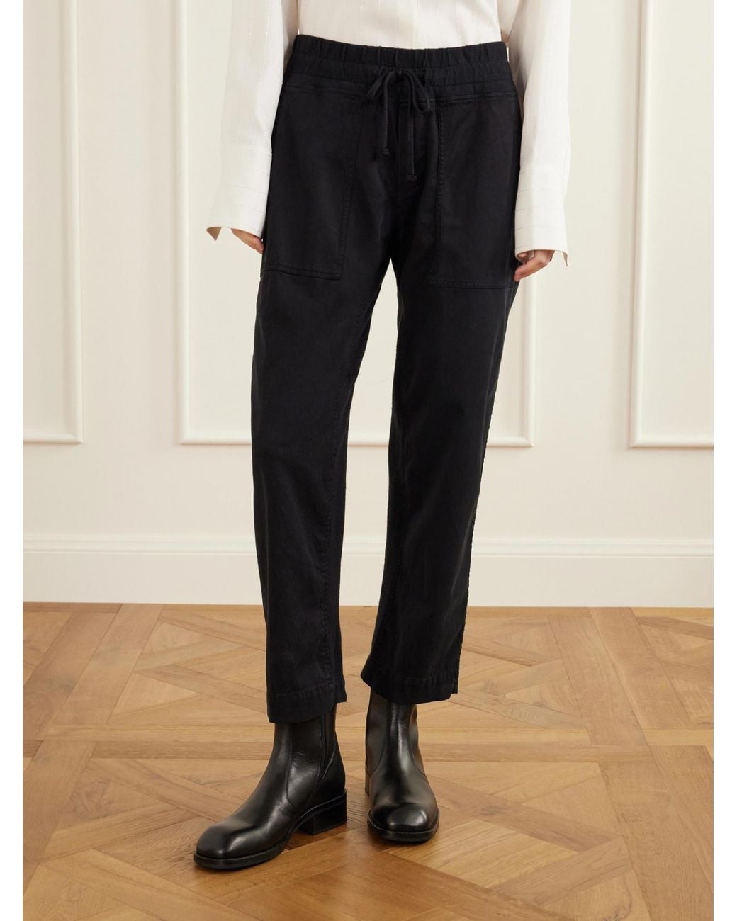 James Perse Black Rib-Trimmed Cotton-Twill Tapered Pants