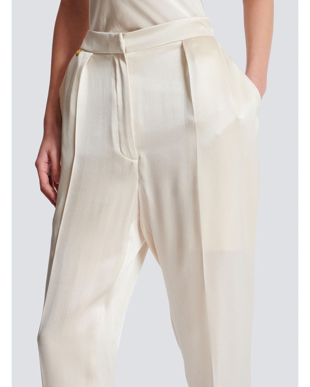Balmain White High-Waisted Silk Trousers