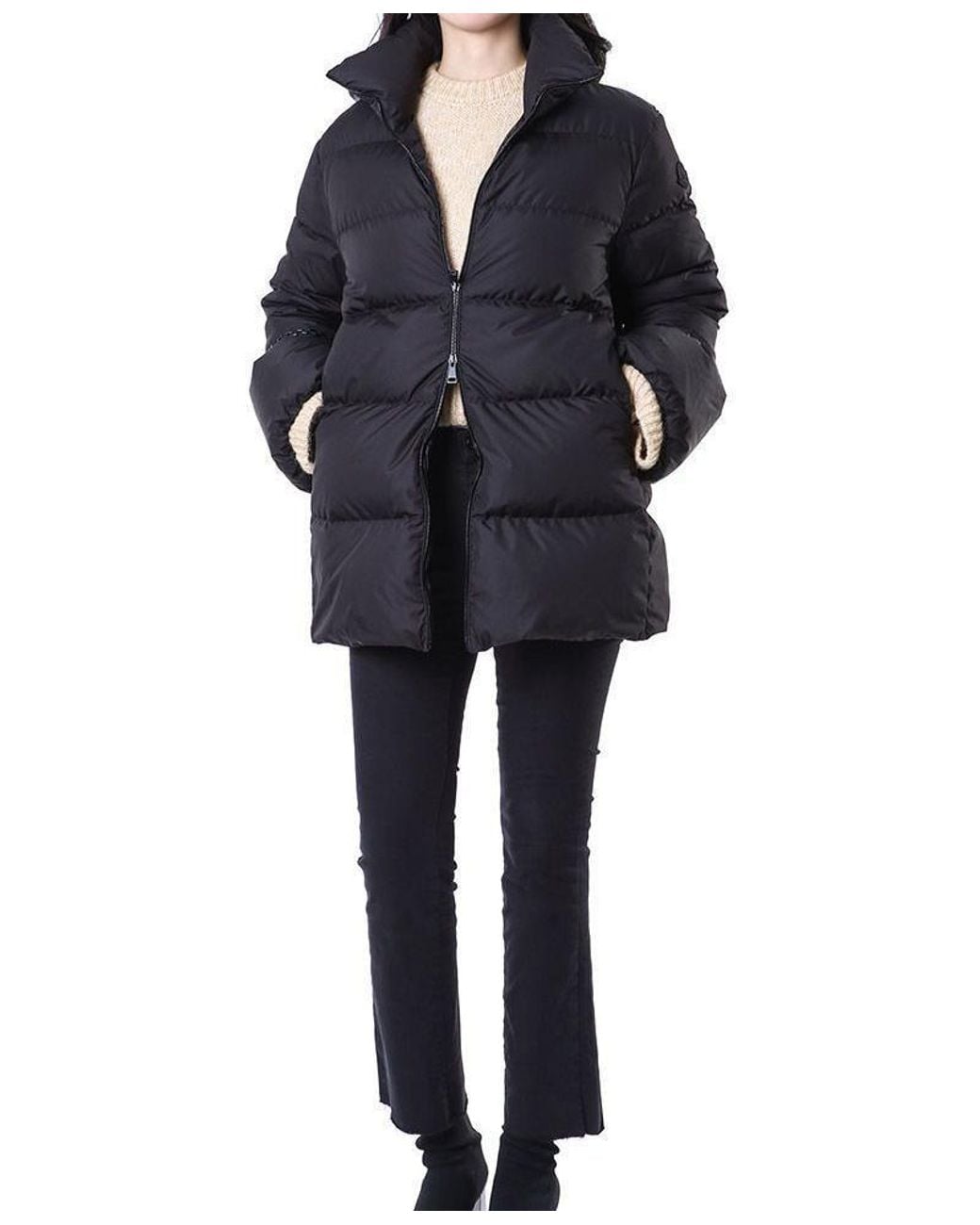 Moncler Black Long Down Jacket With Logo Patch