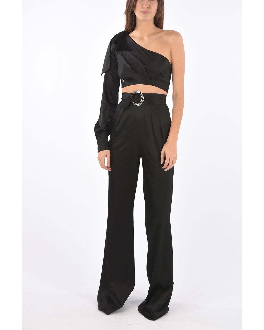 Philipp Plein Black Boot-Cut Set With One-Shoulder Crop Top