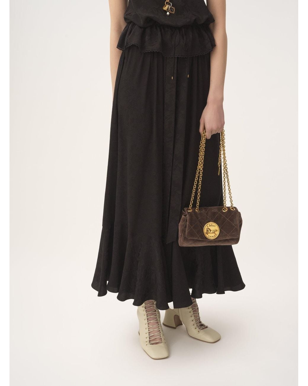 Chloé Black Chloé Rose Jacquard Gathered Midi Skirt