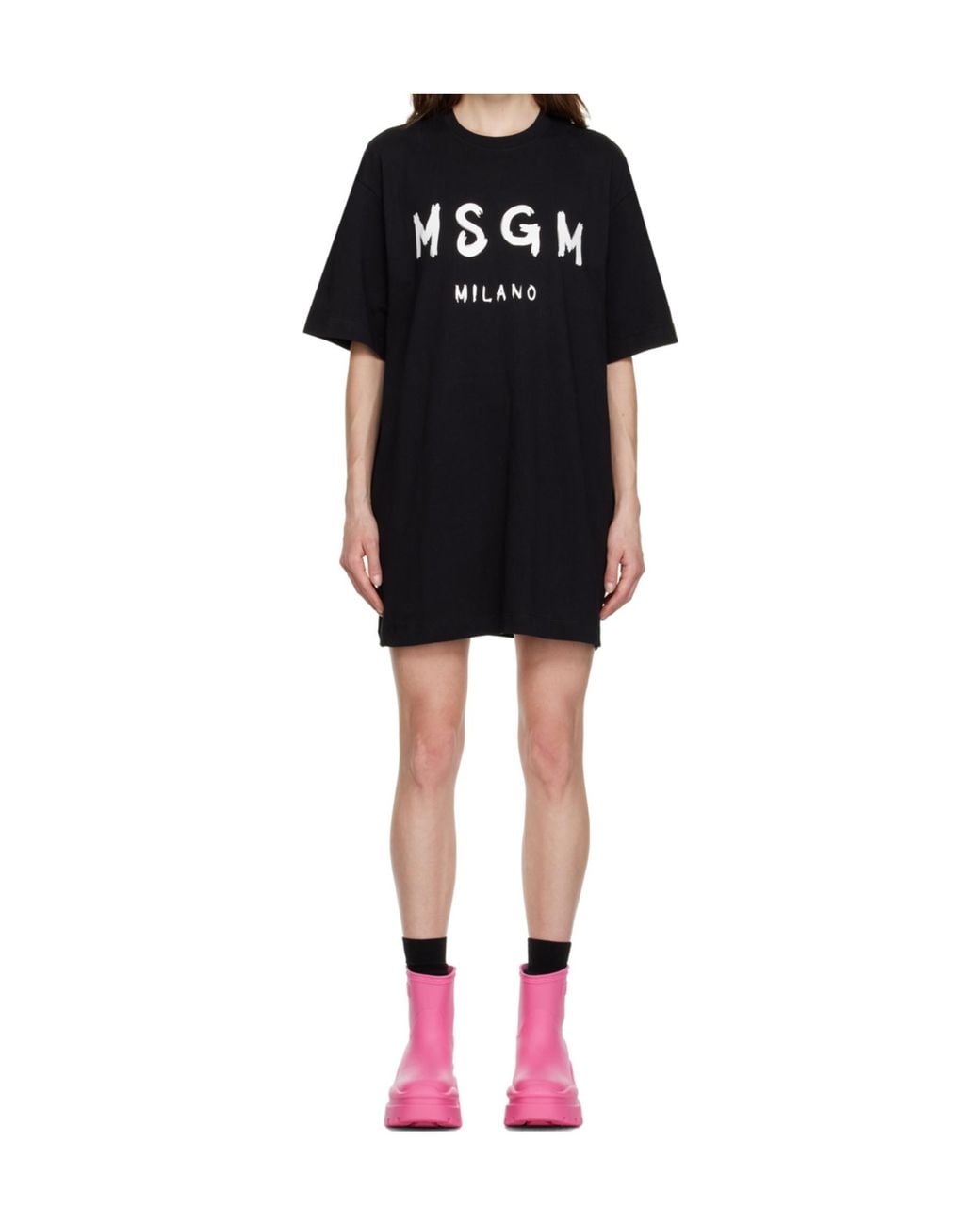 MSGM Black Logo Printed Crewneck T-Shirt Dress