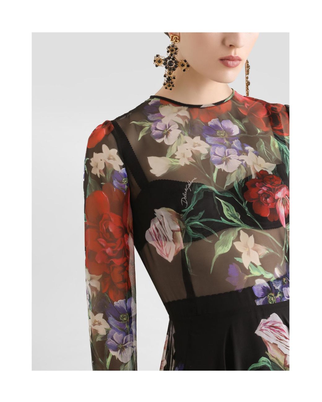 Dolce & Gabbana Black Floral Printed Chiffon Calf-Length Dress