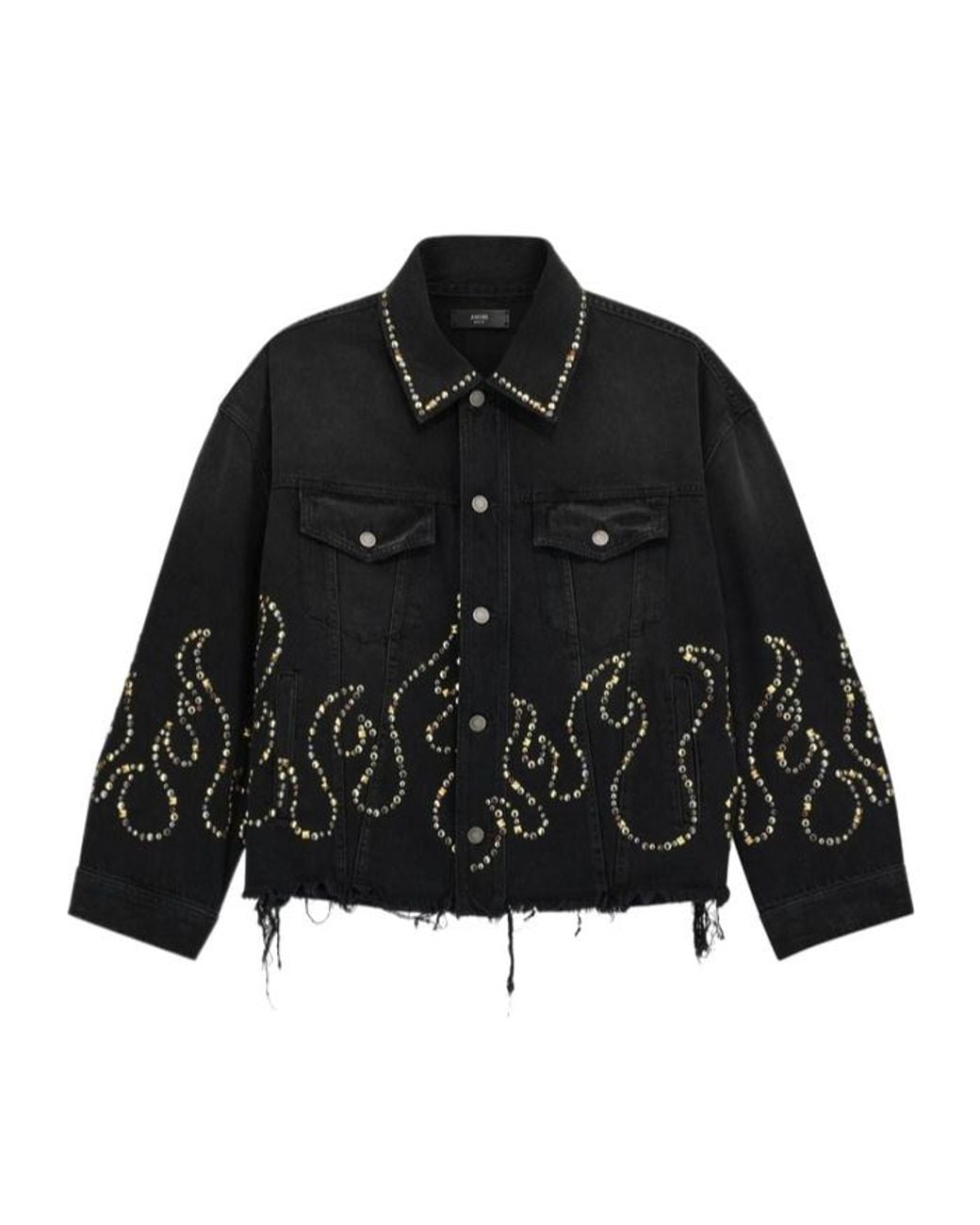 Amiri Black Stud Embellished Flames Frayed Trucker Jacket for men